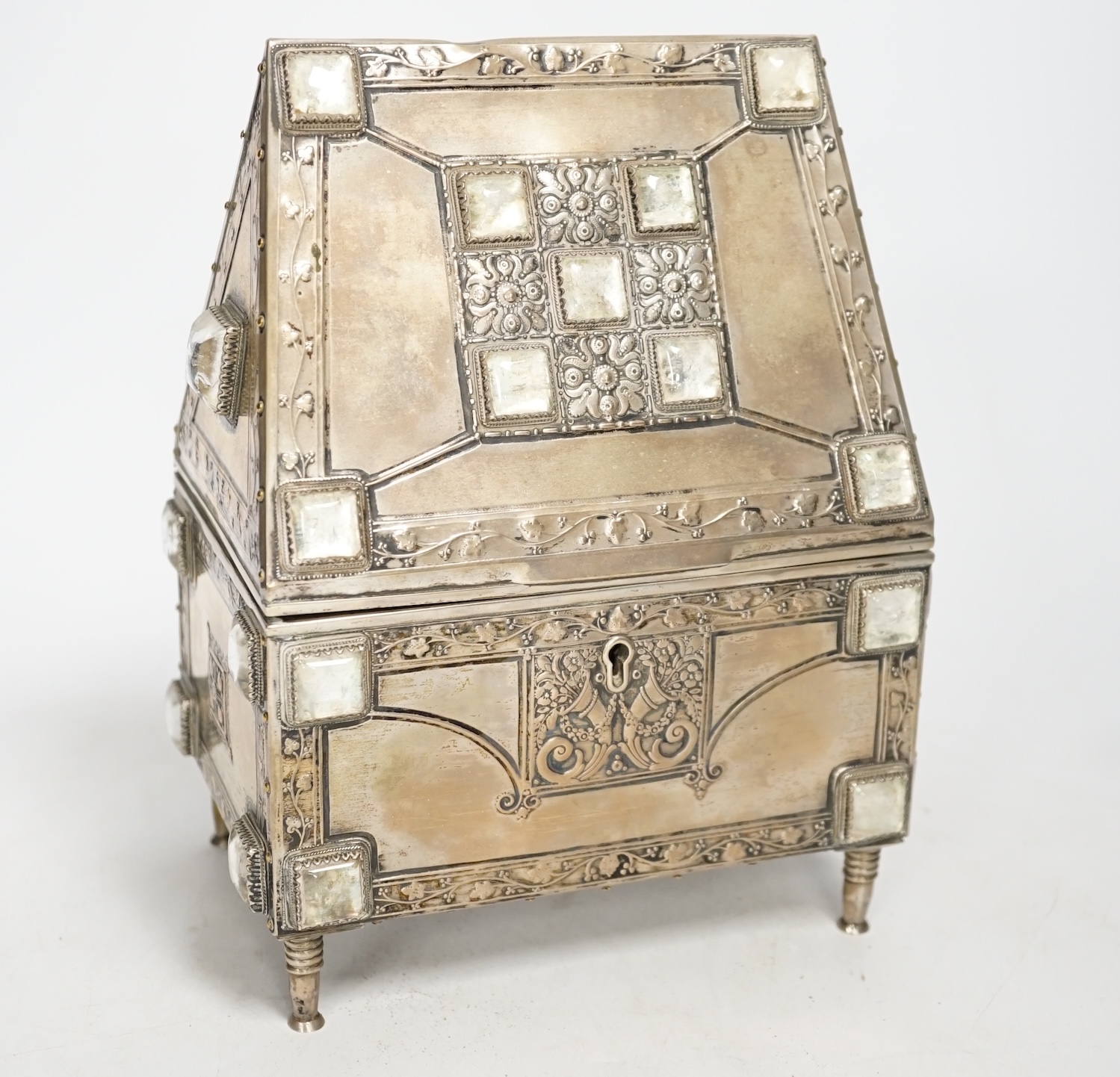 An early 20th century German 800 standard white metal and rock crystal? set trinket box, by Steinicken & Luhr, of house form, height 20.7cm.